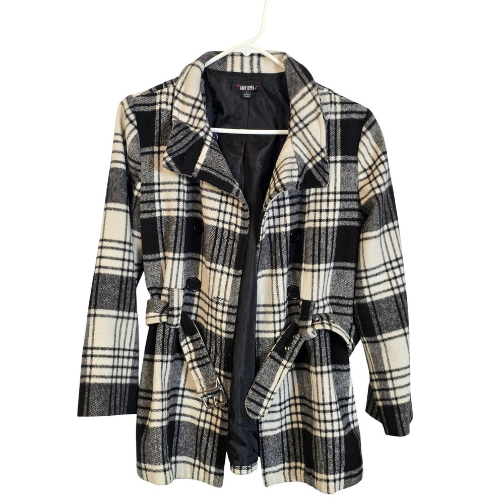 Amy Byer Black White Plaid Belted Pea Coat Jacket Wool Blend‎ Large